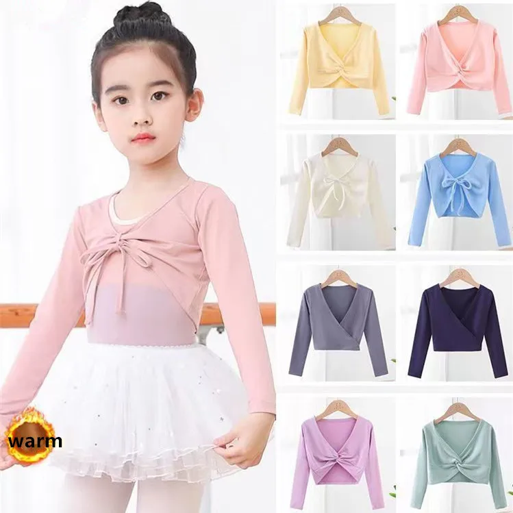 Girls Ballet Coat Long Sleeve Wrap Top Dance Shrug Sweater Crop Coat Kids Dancewear Cotton Pleating Warm Up Pullover for Leotard