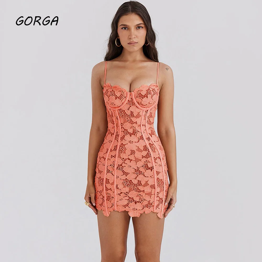 

GORGA Orange Sexy Lace Suspender Skirt Waist Backless Short Tight Hip Dress Hot Girl Dresses Sweet Spicy Style Mermaid Gowns