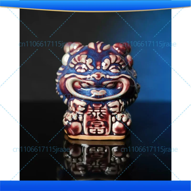 Blue Purple Red Blush Kiln Transformed Rich Lion Statue Jun Porcelain Cultural Creative Chinese Style Desktop Decoration