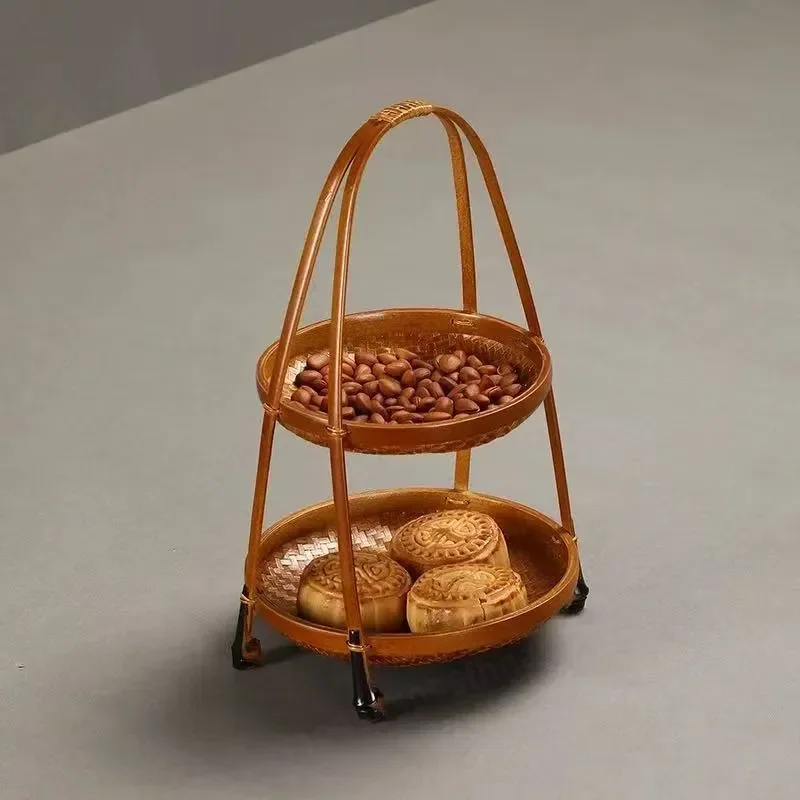 Handmade Bamboo Woven Double Layer Round Storage Basket Retro Lacquer Desktop Organizer for Snacks Fruit and Household Items