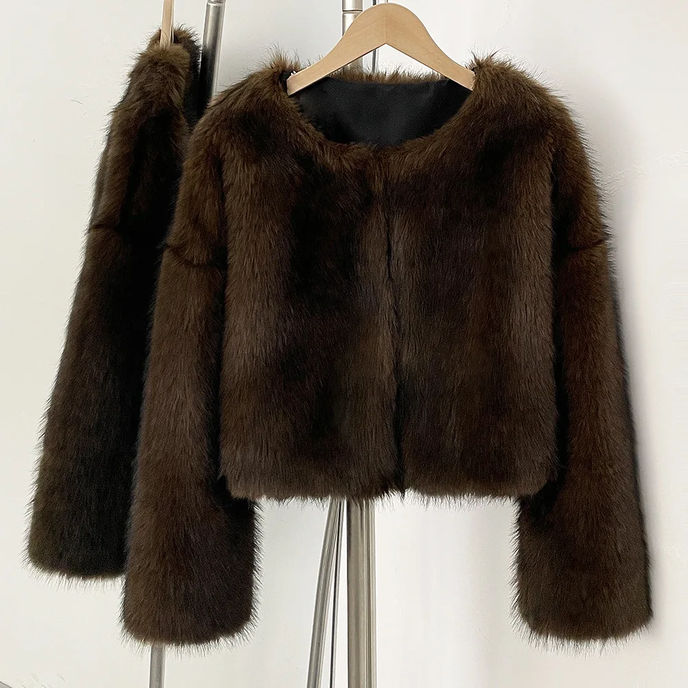 Lady's Fox Fur Coat  Winter Women's Eco Artificial Fur Coat Round Neck Spliced Female's Faux Fur Jacket Commuting Street