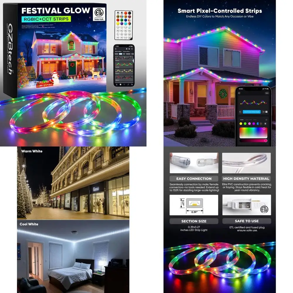 شريط أضواء LED مقاوم للماء بطول 33 قدمًا RGB+IC+CCT، مطاردة الألوان الخارجية للمهرجانات، IP65 قابل للتعتيم، مناسب لعيد الميلاد والهالوين