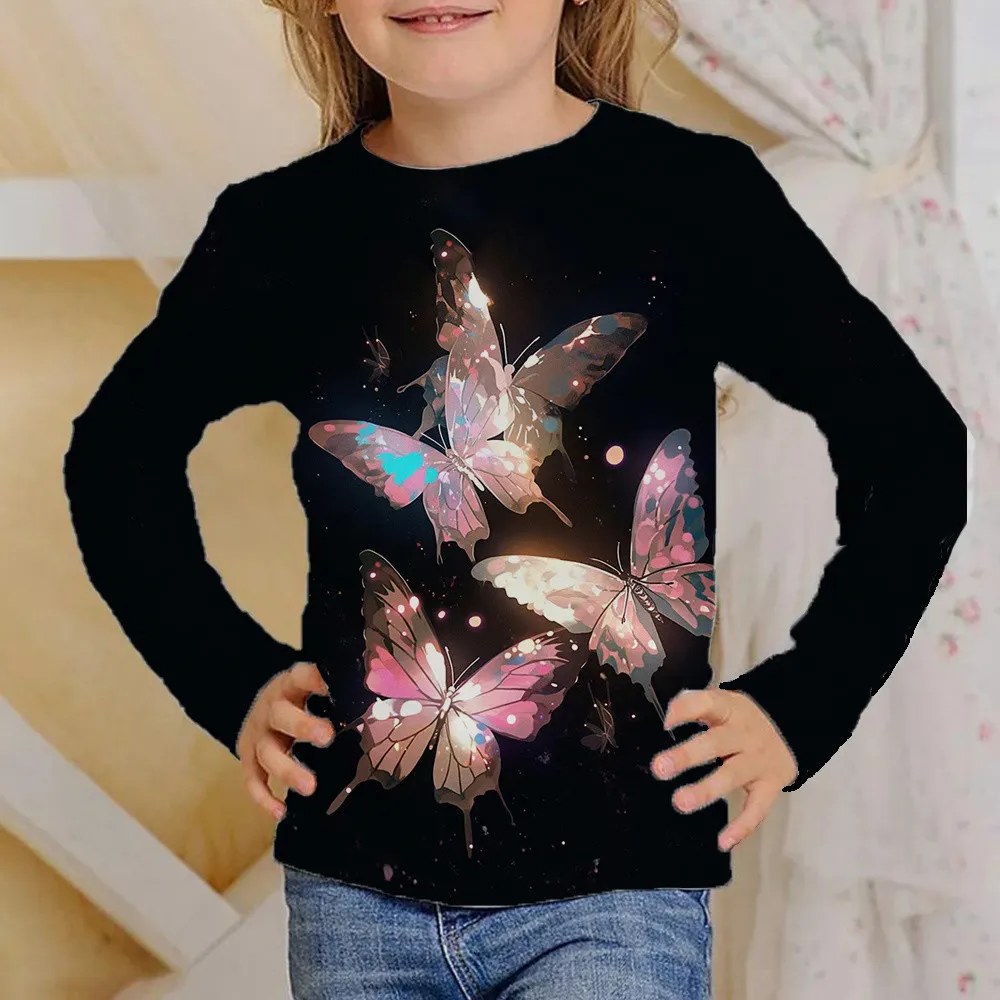 2023 Autumn Clothes Kids Children's Things for Girls Clothing 4 to 14 Years T-Shirt Youthful Teen Long Sleeves Top Tee Butterfly