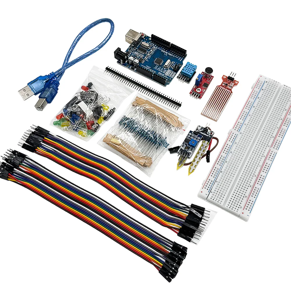 Elecrtonics-Kit básico divertido para Arduino Uno R3, placa de pruebas de 830 orificios, Kit de aprendizaje de arranque Dupont Elecrtonics