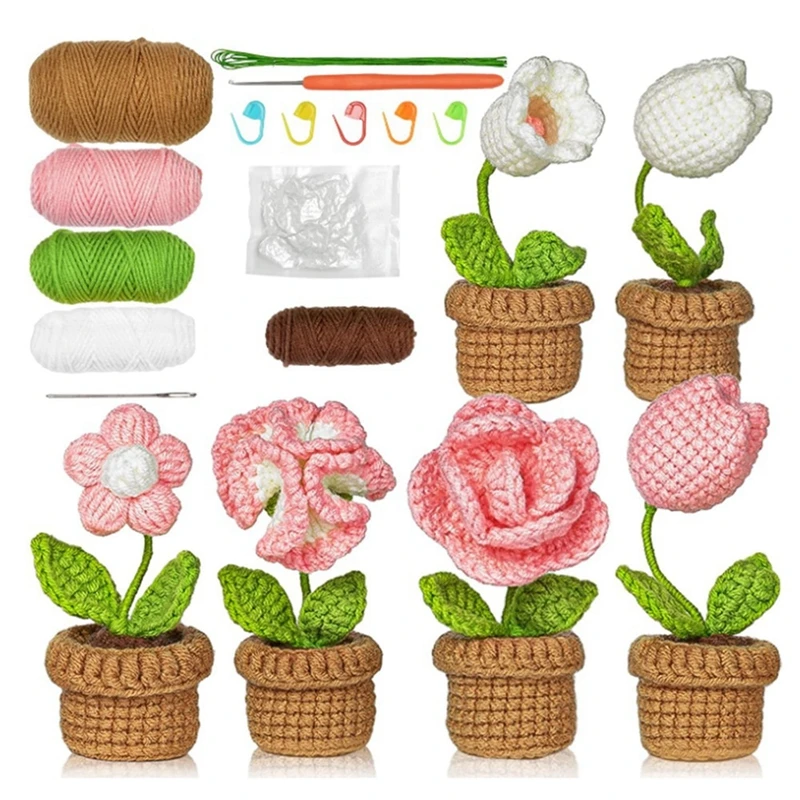 

Beginner Crochet Set Kit -6 Pcs Easy Crochet Flower Kit For Adult With Step By Step Video Tutorial Potted Plants For Home Decor