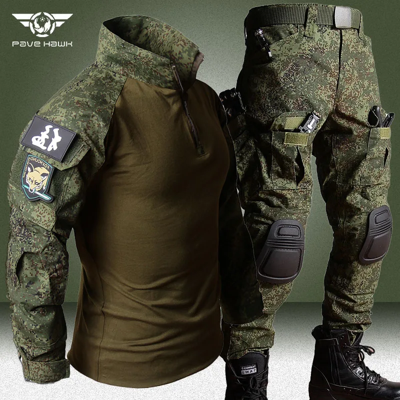 RU Camo Tactical Sets Men Outdoor Breathable Long Sleeve Tshirts+Multi-pocket Straight Cargo Pant 2 Pcs Suit Training Combat Set