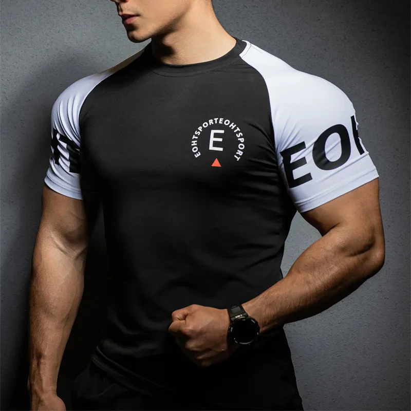 Summer New Men\'s Sports T-shirt Running Gym tops Exercise Slim Fit Elastic Quick Dry Short sleeved fitness T-shirt men clothing