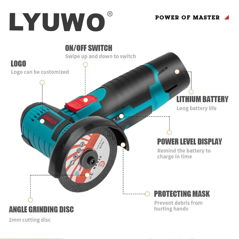 LYUWO 마이크로 앵글 연마기, 다이아몬드 절단용 충전 연마기, 무선 전동 공구, 12V