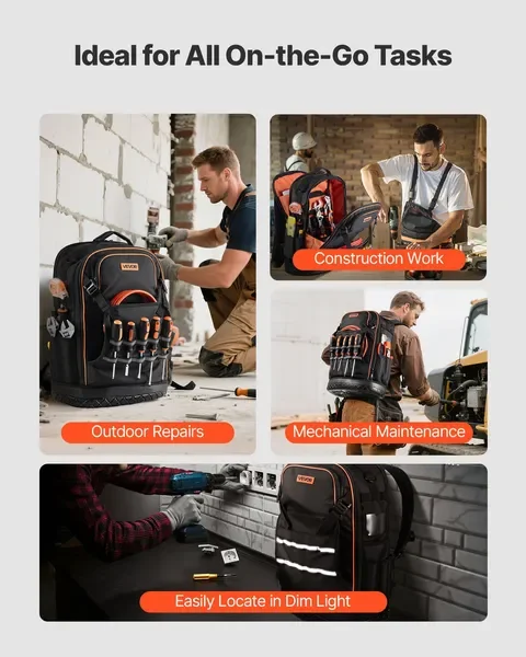 حقيبة ظهر للأدوات مكونة من 65 جيوبًا، حقيبة ظهر مقاومة للتمزق للكهربائيين