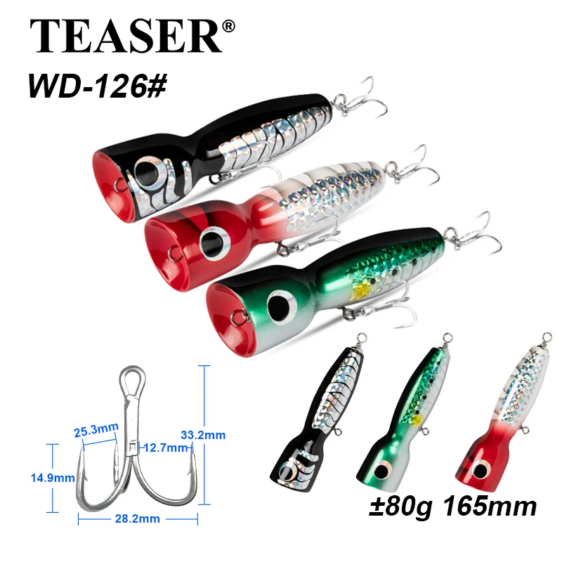 

TEASER WD126 80g Topwater Wooden Sea Fishing Popper Trolling Lure 165mm Saltwater Floating Fishing Wobbler Wood Popper Lures