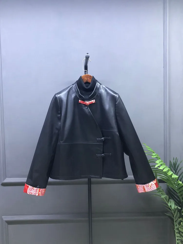 New Chinese Style Women Genuine Leather Jacket Stand Collar Single Breasted Vintage Loose Fit Casual Real Sheepskin Short Coat