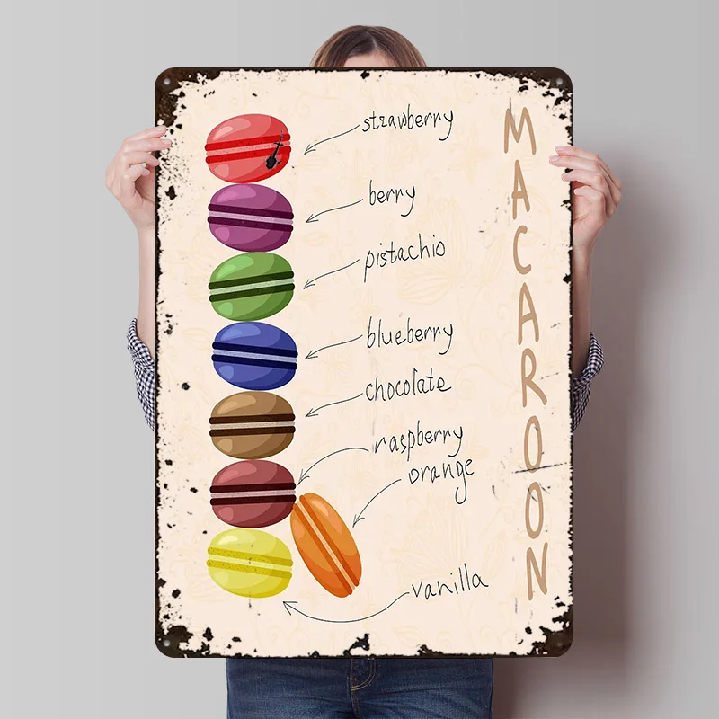 Colorful Macarons With Flavors Metal Poster Customized Wall Art Retro Vintage Metal Signs for Man Cave Room Accessories House