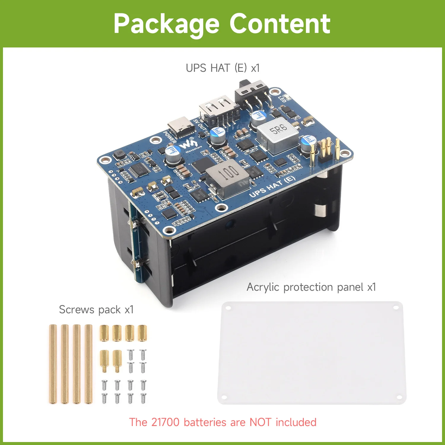 Waveshare UPS HAT (E) for Raspberry Pi, Supports 4×21700 Li batteries (NOT included), Bi-Directional Fast charging, Pogo Pins