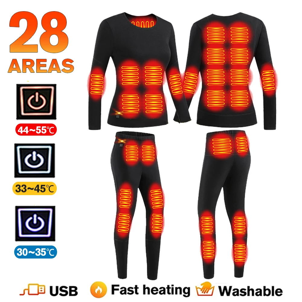 

28 Areas Heated Jacket Thermal Underwear Women Men Ski Suit USB Electric Heated Clothing Shirt Winter Fishing Hiking Equipment