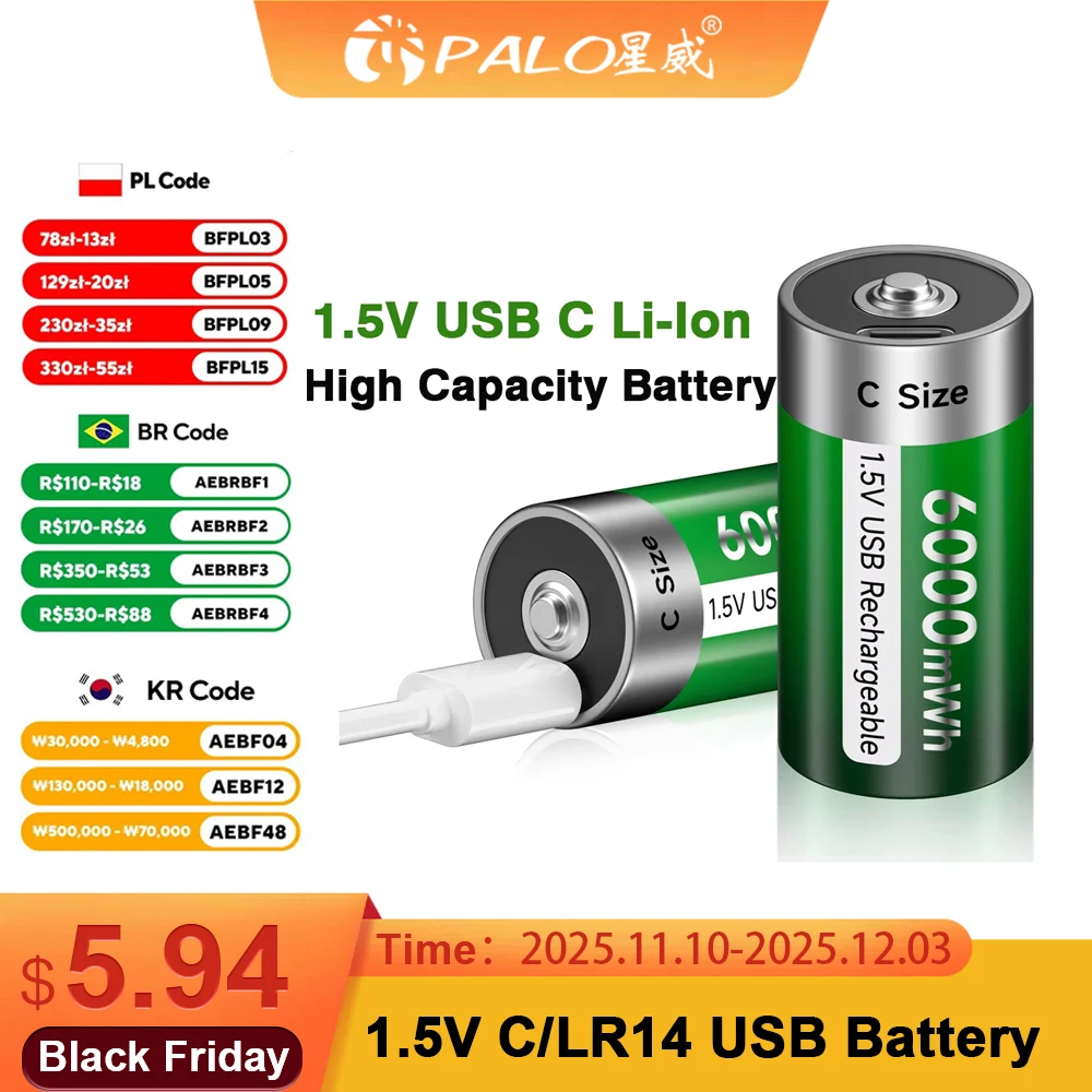 PALO 6000mWh 1.5V C 크기 충전식 배터리 유형 C USB 충전 R14 LR14 손전등 가스 밥솥 용 리튬 이온 C 배터리 배터리