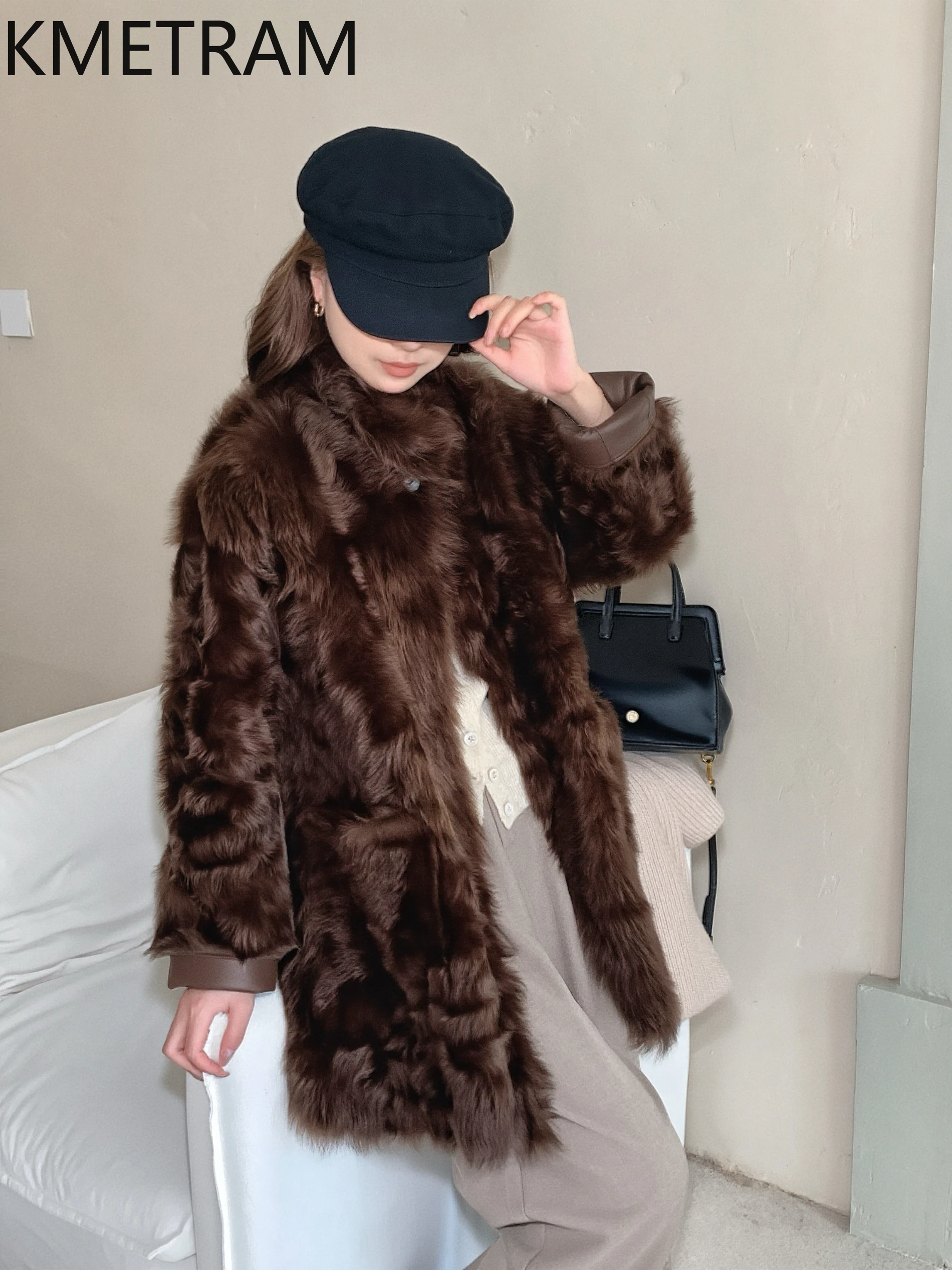 KMETRAM Naturalna Wełna Skóra Owcza Dwustronny Płaszcz z Futra Damski Średniej Długości Dwustronny Płaszcz z Prawdziwego Futra Zimowe Ubrania 2025 Fourrure