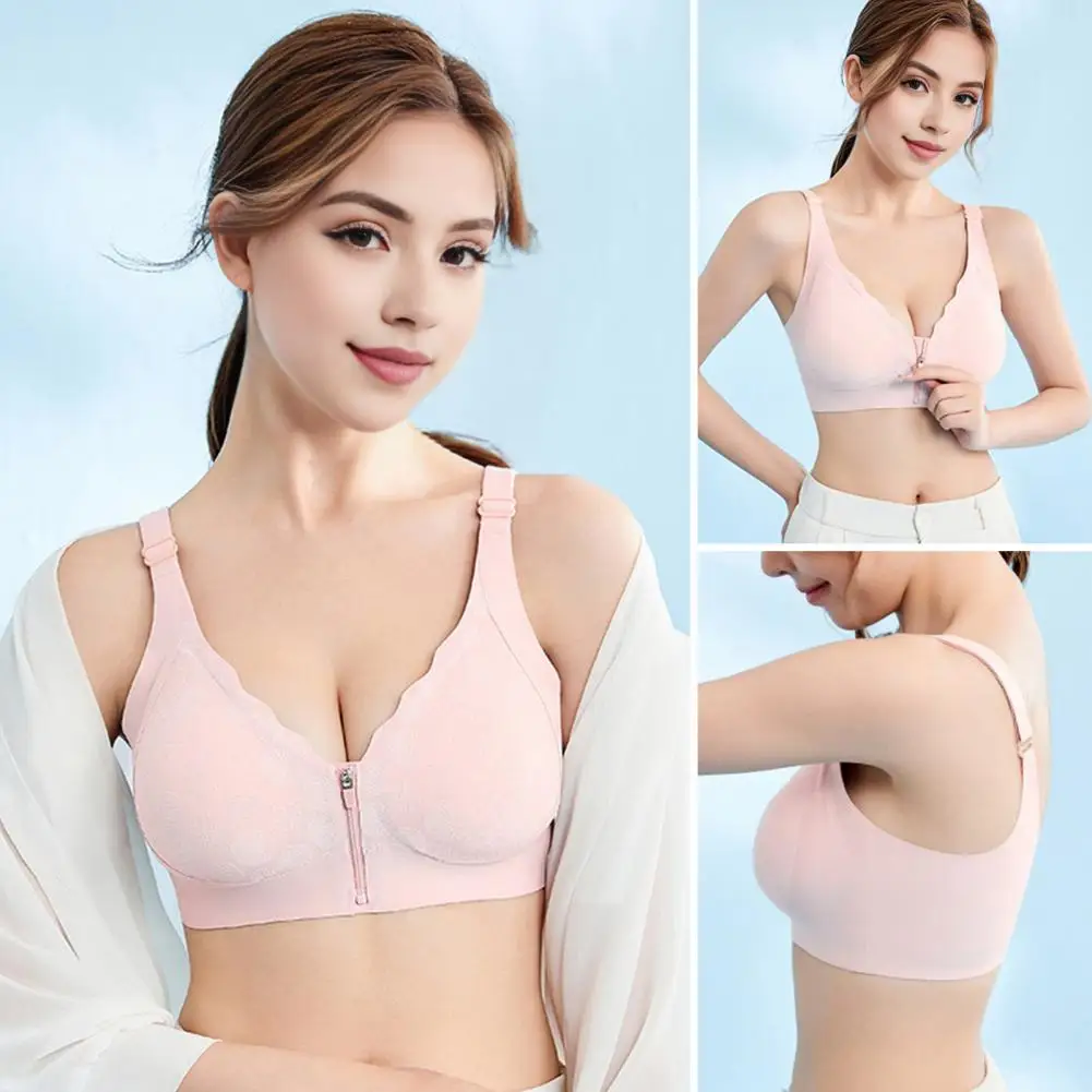 Bra Comfortable Shockproof Push-up Yoga Bra with Adjustable Straps Front Zipper Closure for Women Wireless Design for Wear Nylon