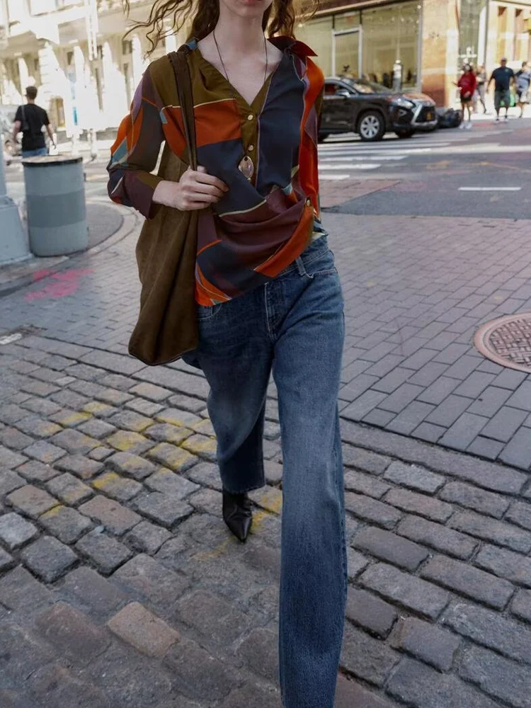 النمط الأوروبي والأمريكي الخريف موضة جديدة المرأة تصميم الشعور التنقل تنوعا مطبوعة قميص مزدوج الصدر