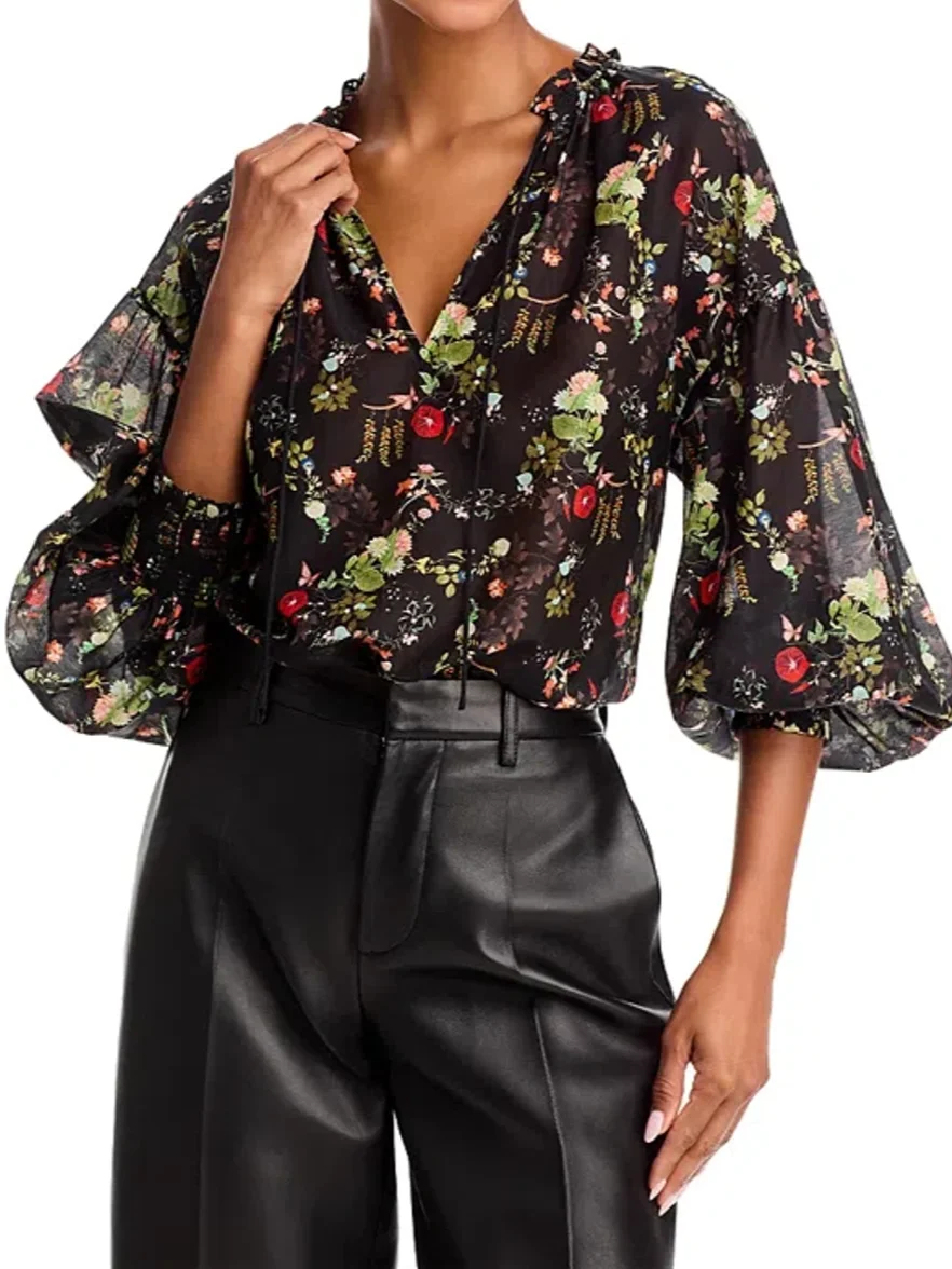 Camicia da donna in misto cotone e seta con stampa floreale, maniche a lanterna, scollo a V, camicetta vintage ampia