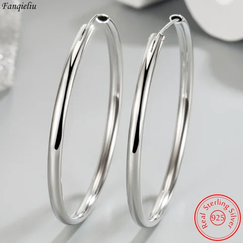 Real 925 Sterling Silver Women's New Jewelry Fashion Round Hoop Earrings FQL23634