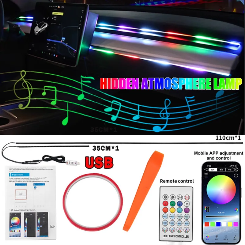 

Led Streamer Car Ambient Lights 110cm USB APP Full Color RGB 64 Color App Control Interior Hidden Acrylic Strip Atmosphere Lamps