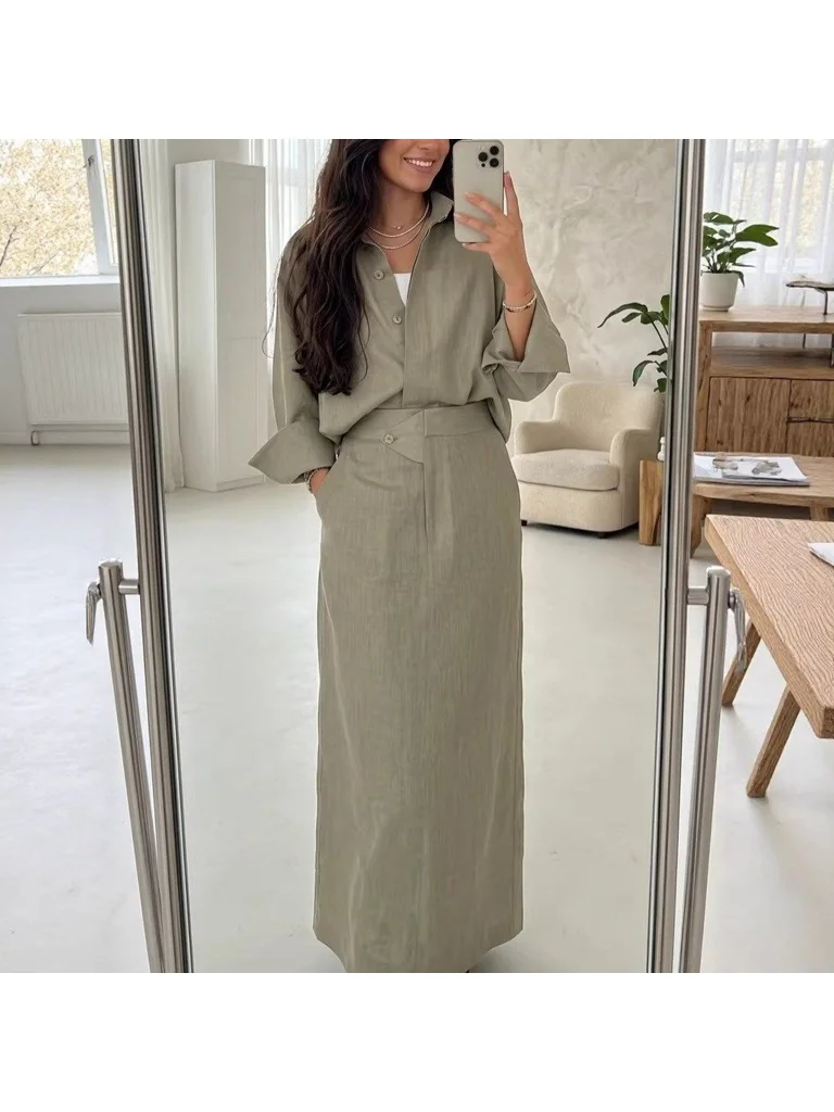 

Fashionable Long Sleeve Shirt And High Waist Skirt Set Women's Spring Summer New Arrival Loose Fit Turn-down Collar Ense...