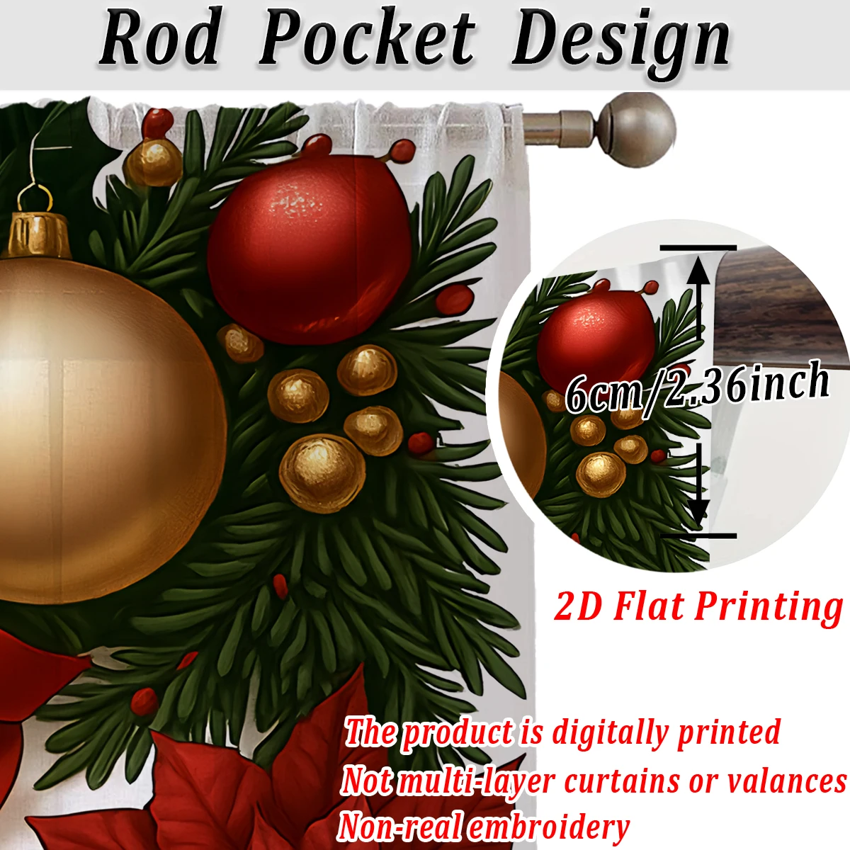 Christmas Flat Printing Sheer Curtain with Christmas Poinsettia Snowflak Pine Branch for Living Room Bedroom Decor Holiday Party