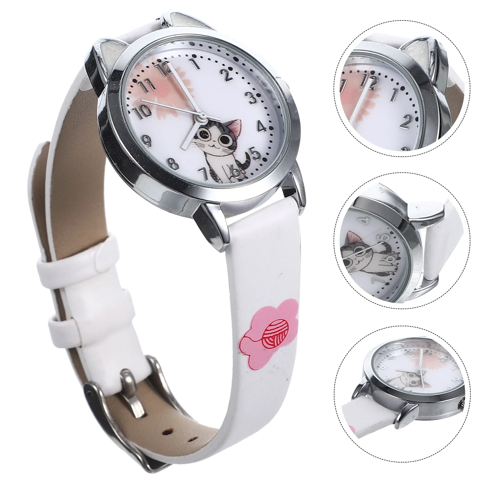 Montre à quartz avec bracelet en acier inoxydable, design de mode, chaton de dessin animé mignon, montre-bracelet blanche