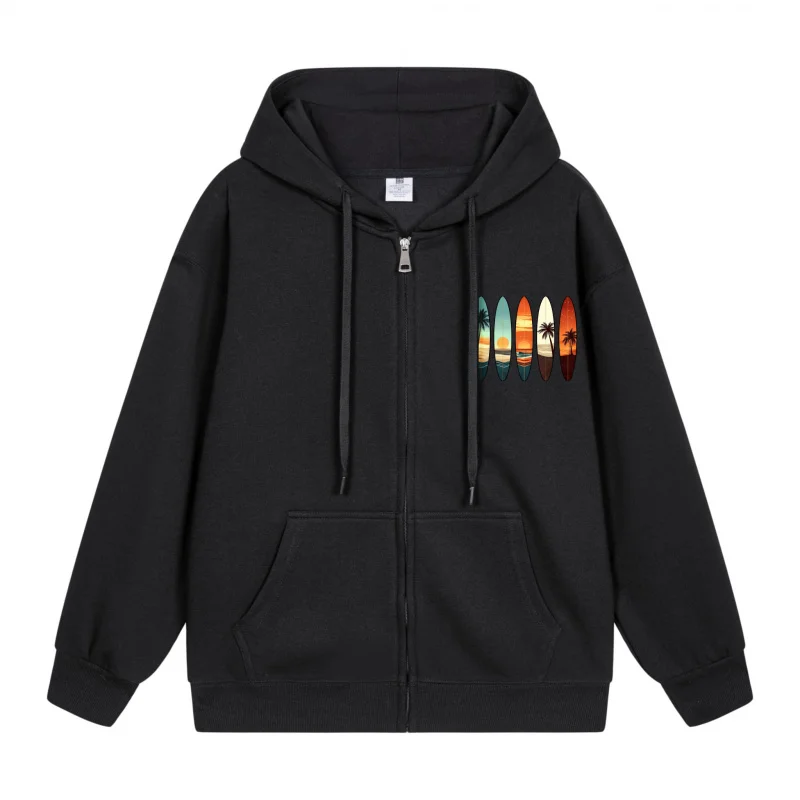 

Men's Zip-Up Hoodie Colorful Surfboards On Black Hoodie 2025 New Style Casual Couples’ Style Couples’ Style