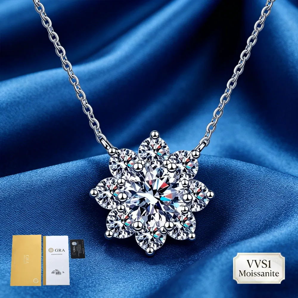 VVS1 Moissanite Snowflake Necklace GRA Certified S925 Silver Flower Pendant Luxury Clavicle Chain Women Engagement Jewelry Gift