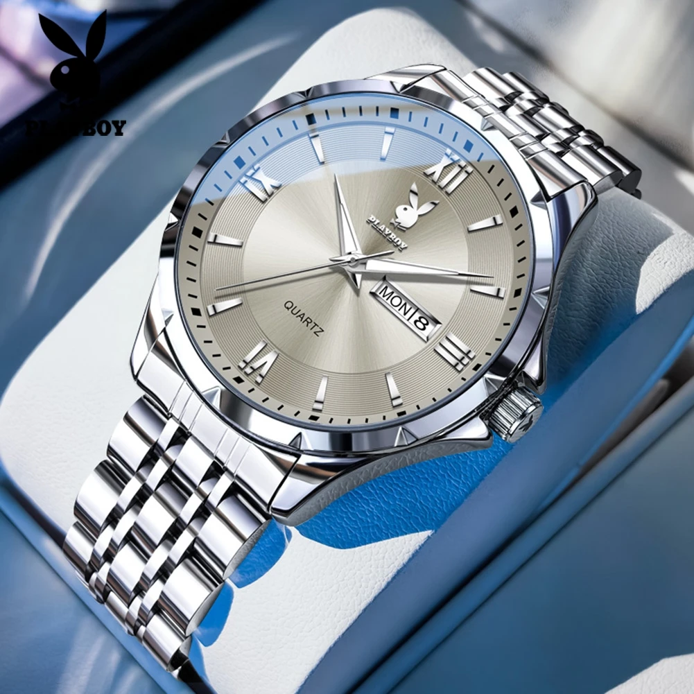 

PLAYBOY 3095 Fashion Brand Men's Watch Business Quartz Watch Stainless Steel Luminous Waterproof Week Date Display Wristwatch