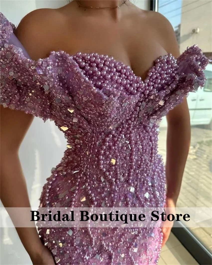 

Glitter Purple Mermaid Evening Dress 2025 Beading Pearls Elegant Formal Prom Party Gown Wedding Reception Gowns Customized