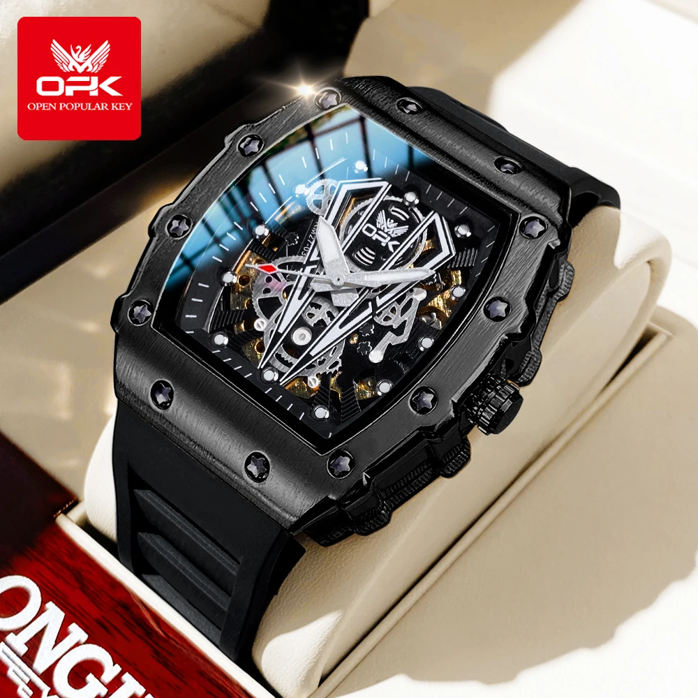

OPK 8180 Man Watch Silicone Strap Fashion Casual Tonneau Hollow Dial Design Waterproof Luminous Original Mechanical Wristwatches