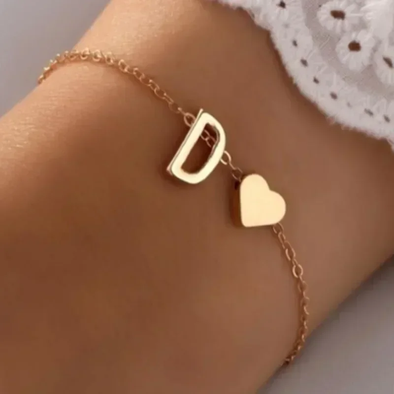 4pc English Initial Letter Bracelets for Lovers Women Men DIY Personalized Name Alloy Heart-shaped Bracelets Jewelry Anniversary