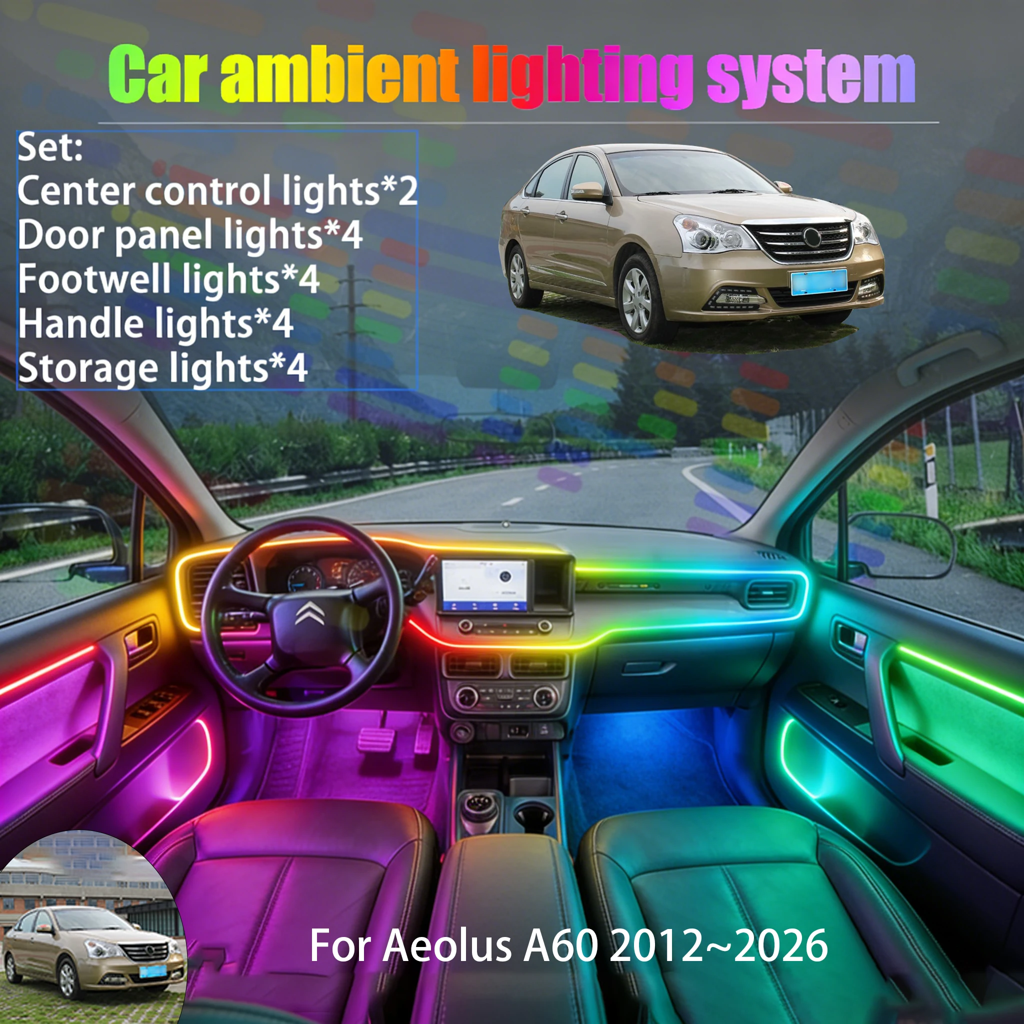 

For Aeolus A60 2012~2026 2/18 in 1 Car ambient lighting Led trunk interior led lights USB RGB Ensemble Streamer Auto Parts