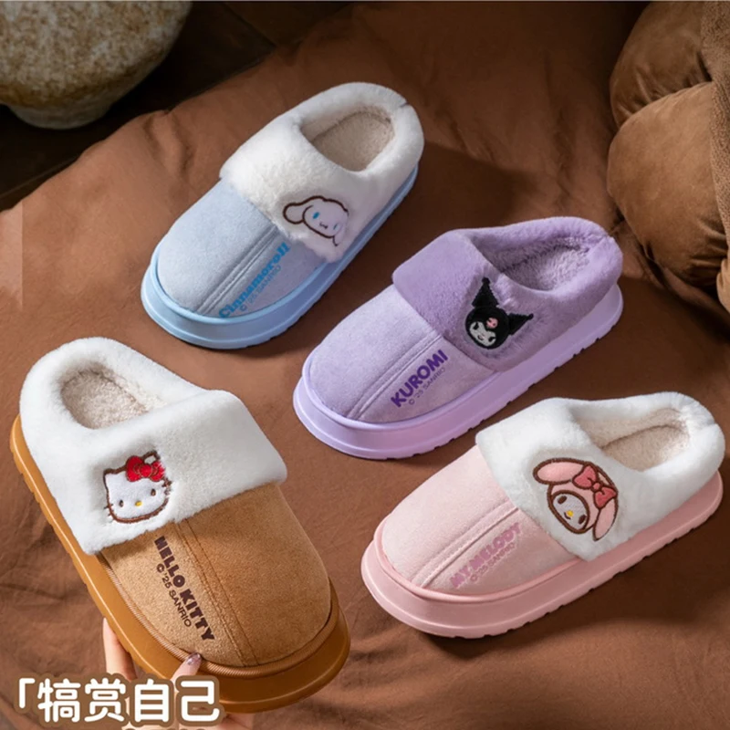 

Cute Cinnamoroll Plush Women's Slippers Anime Hello Kitty Kuromi Parent-Child Home Interior Cotton Slippers Cartoon Girls Shoes