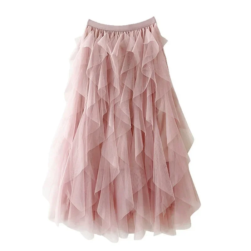 Jupe longue en maille plissée taille haute pour femmes, couleur unie, à volants irréguliers, robe de bal, en Tulle, douce et adorable, Tutu, jupe trapèze