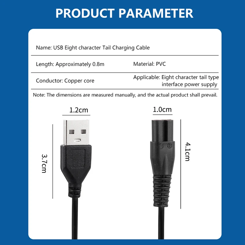 Cable de carga de cola en forma de 8 con interfaz USB confiable para maquinillas de afeitar eléctricas.