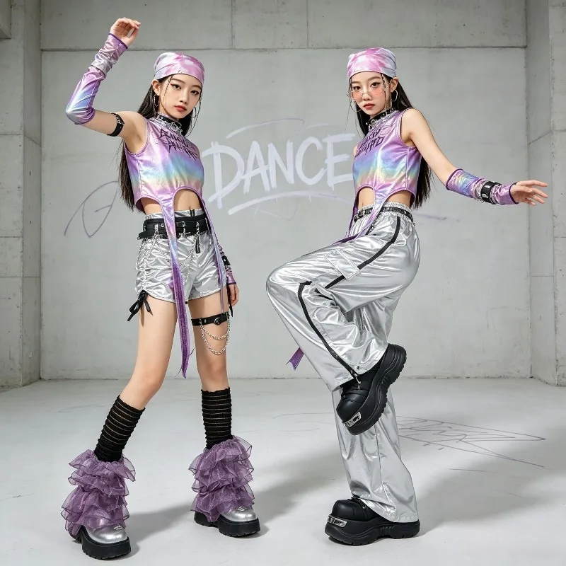 Girls Hip Hop Shiny Crop Top Silver Cargo Pants, Kids K-pop Jazz Street Dance Streetwear, Children Girl Group Costume Outfit Set