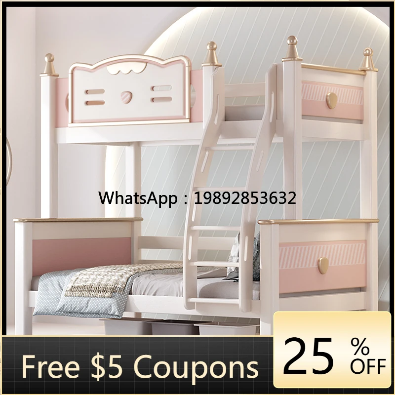 YFY Children's Bunk Bed Double Layer Solid Wood High and Low Bed Princess Girl Bunk Bed