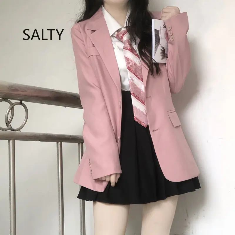 Nuevo 2025 Blazer rosa para mujer, chaqueta holgada coreana para estudiantes, Blazers elegantes lisos para oficina para mujer