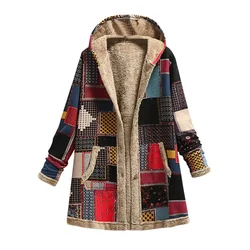 Winter Vintage Women Print Cotton Coat Fleece Hooded Jacket Thick Warm Pocket Long Sleeve Outerwear Plus Size Casual Loose New