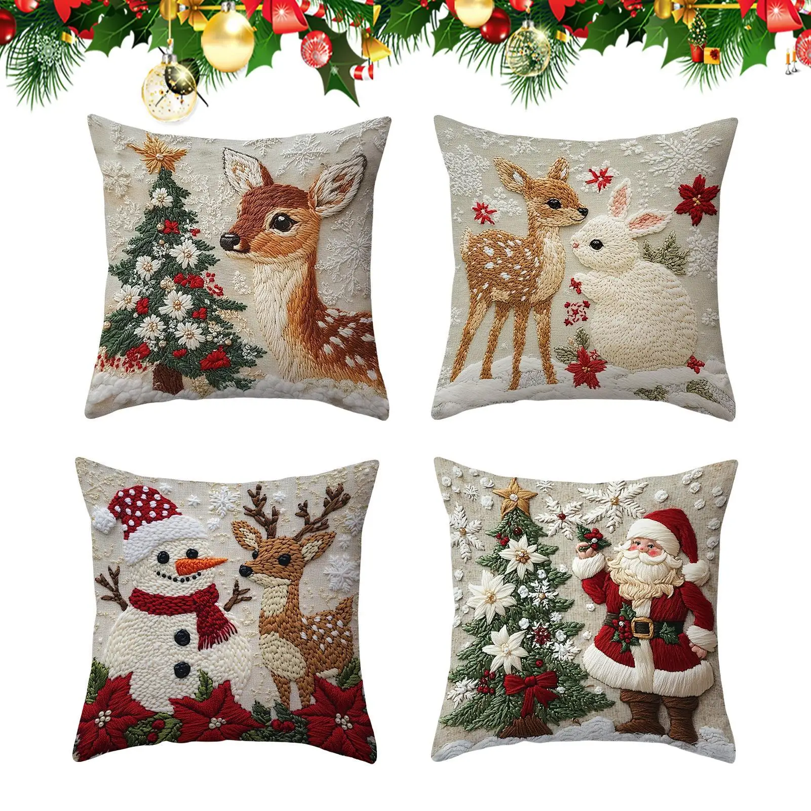 

Christmas Pillow Covers 4-Piece Removable Breathable Reindeer Pillow Cases For Holiday For Living Room Bedroom Chair Den Kid
