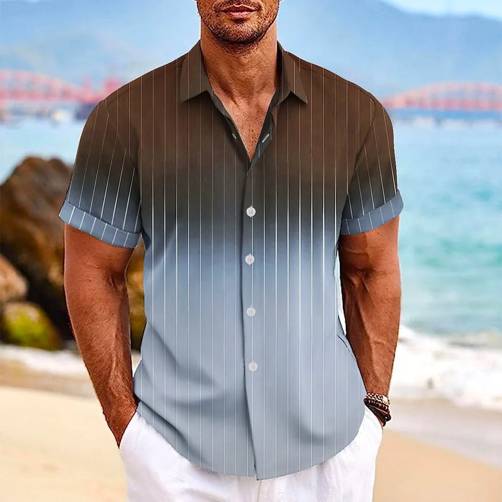 New outdoor men's 3D printed striped printed short sleeved shirt, fashionable, casual, comfortable, striped color changing multi