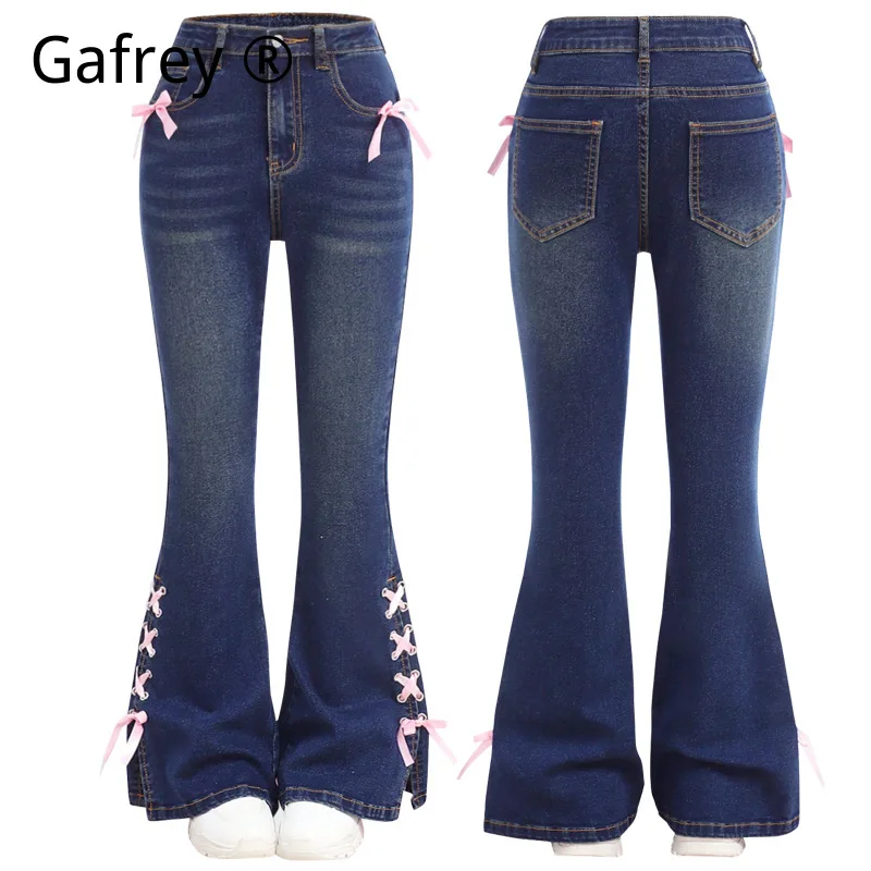 XL Women Bow Tie Jeans Wide Leg Straight Loose Fit Denim Pants High Waisted Ribbon Bow Long Trousers Coquette Korean Style New