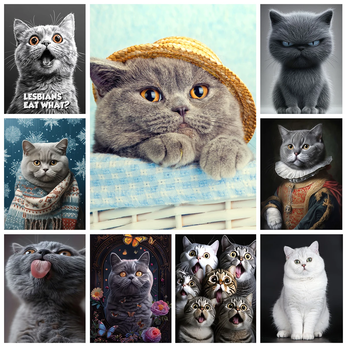 Pintura de diamante 5D de gato corto inglés, estilo británico, casa de familia, cafetería, luz para el hogar, decoración de pared de estilo lujoso, regalo DIY para padres e hijos