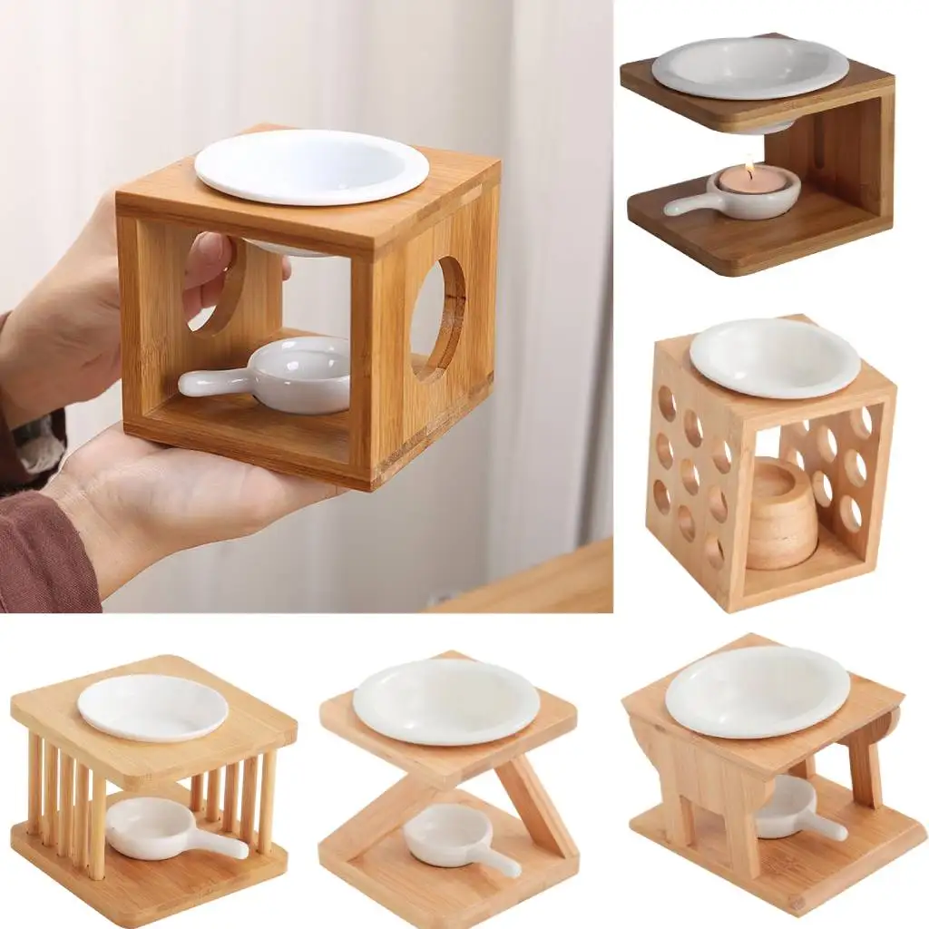 Wooden Essential Oil Burner with Ceramic Wax Melt Warmer Bowl Candle Holder Aroma Inflamer Utensils for Living Room Yoga Room