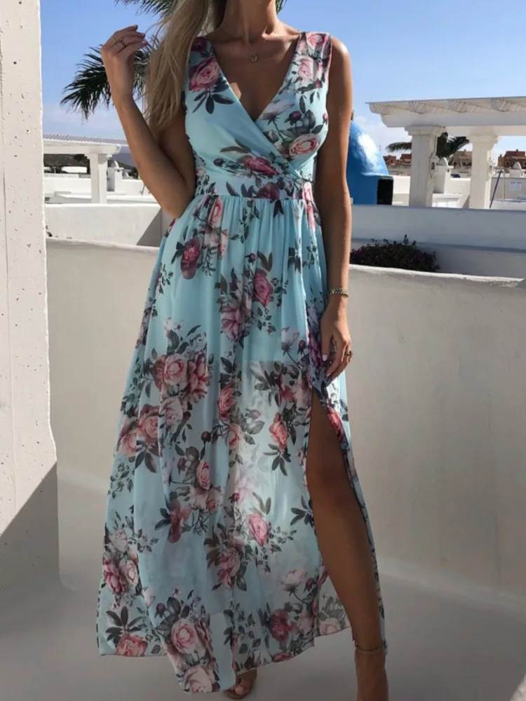 Letnie damskie sukienki z kwiatowym nadrukiem z dekoltem w szpic Sexy Boho Holiday Vintage Long Maxi Dress Evening Party Split Dresses Female Vestidos