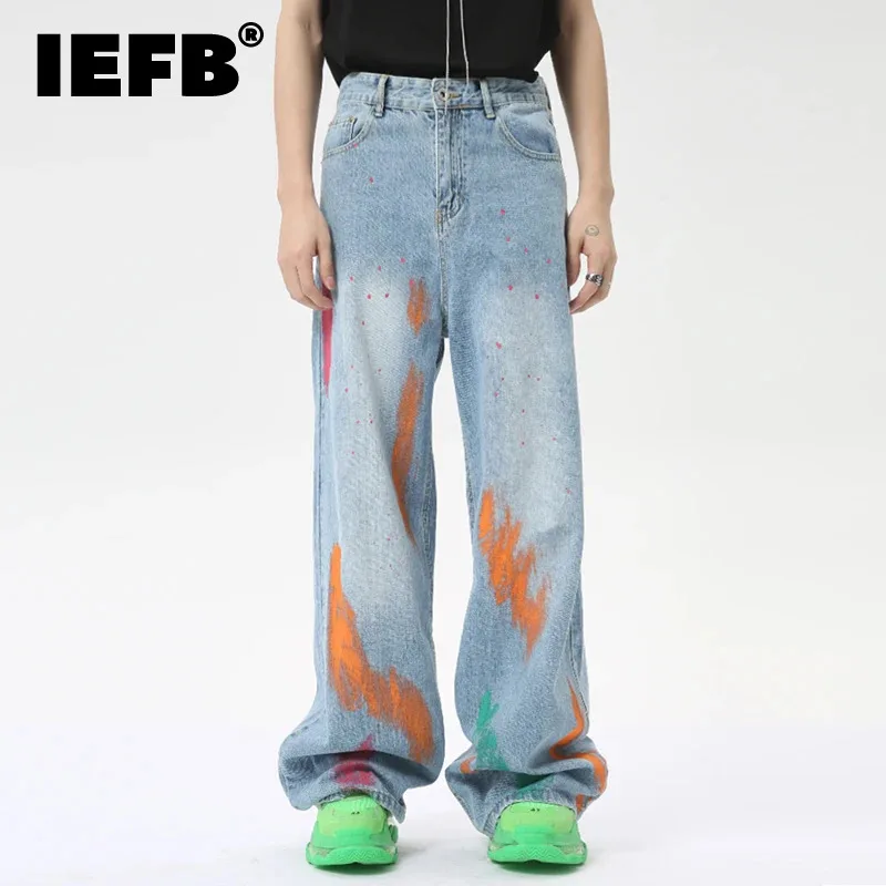 

IEFB Fashion Men's Straight Denim Pants High Street Graffiti Wide Leg Male Straight Jeans Jeans Summer New Chic 2024 9C6255