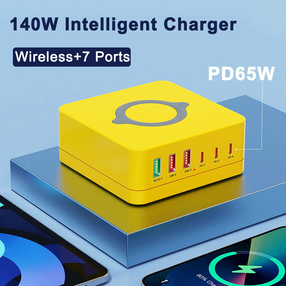 

7-Port Phone Charger Fast Charging Wireless Charger 65W PD USB C Charger for iPhone 11 12 13 14 15 16 iPad Laptop Tablet Android